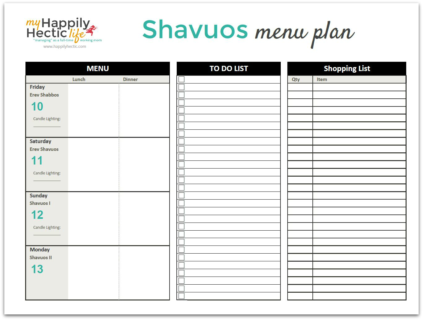 Shavuos Menu Planner 2016