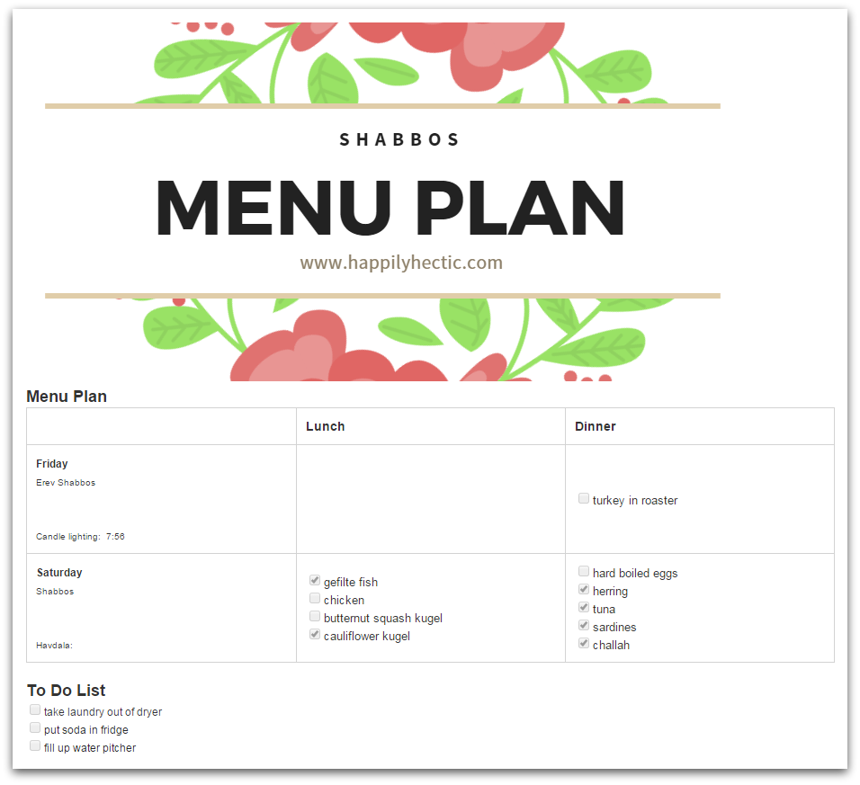 shabbos menu plan - evernote screen shot