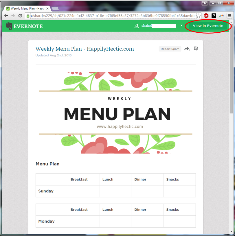 weekly menu plan in evernote